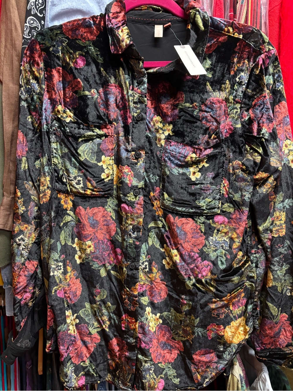 Anthropologie Velvet Floral Button-Up Shirt in Black, Red, Green